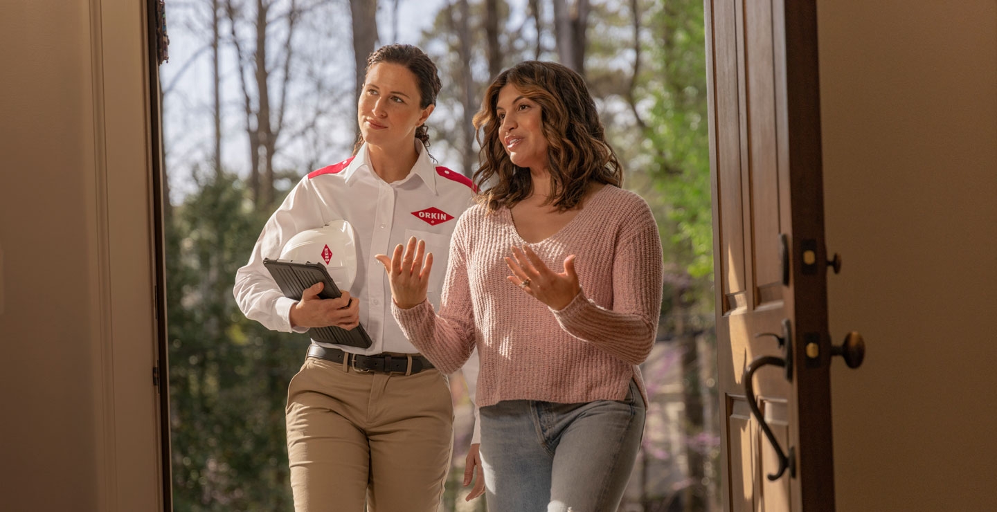 A customer walking an Orkin Pro into her home