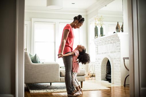 Woman and child in living room